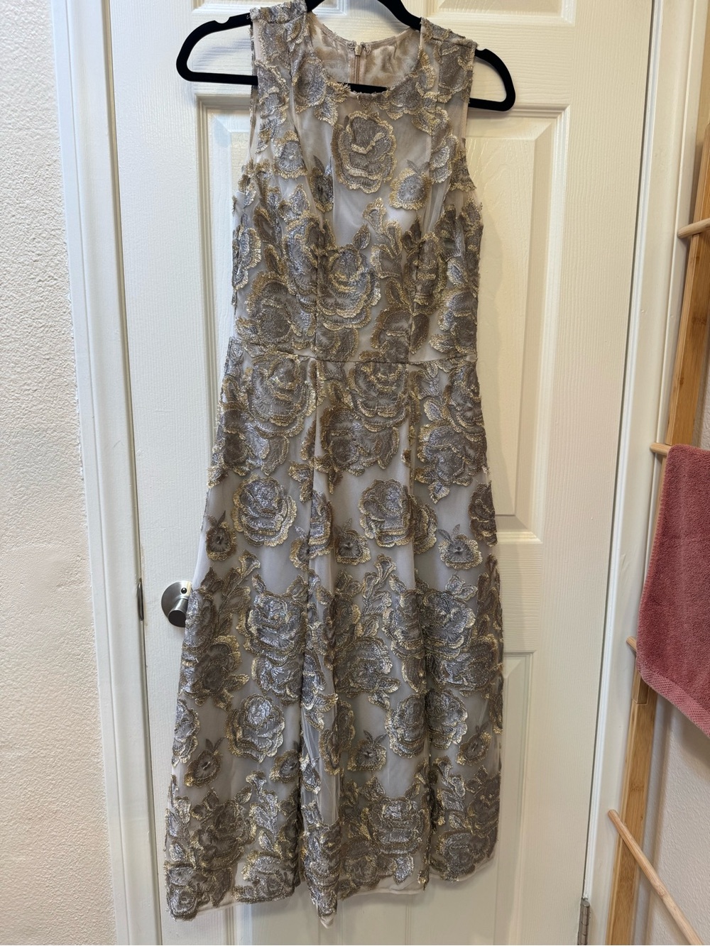 Hitherto Embroidered Floral A-Line Dress in Gold and Silver